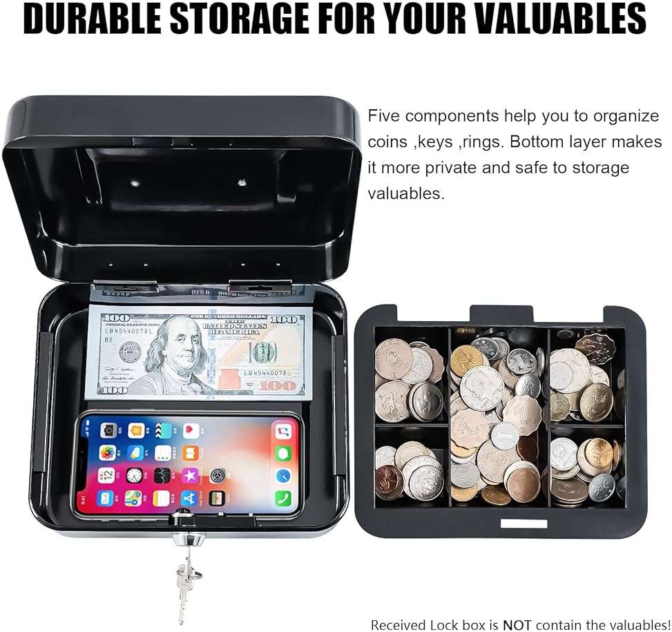 KYODOLED Medium Cash Box with Removable Money Tray, Key Lock Metal Storage Box with 2 Keys & Portable Handle, Safe Cash Drawer, 7.87"x 6.30"x 3.54", Black - Image 7