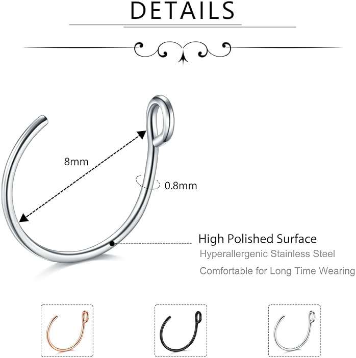 D.Bella 20G Fake Piercing Jewelry Hoop for Faux Lip Septum Nose Ring Set,8mm - Image 2