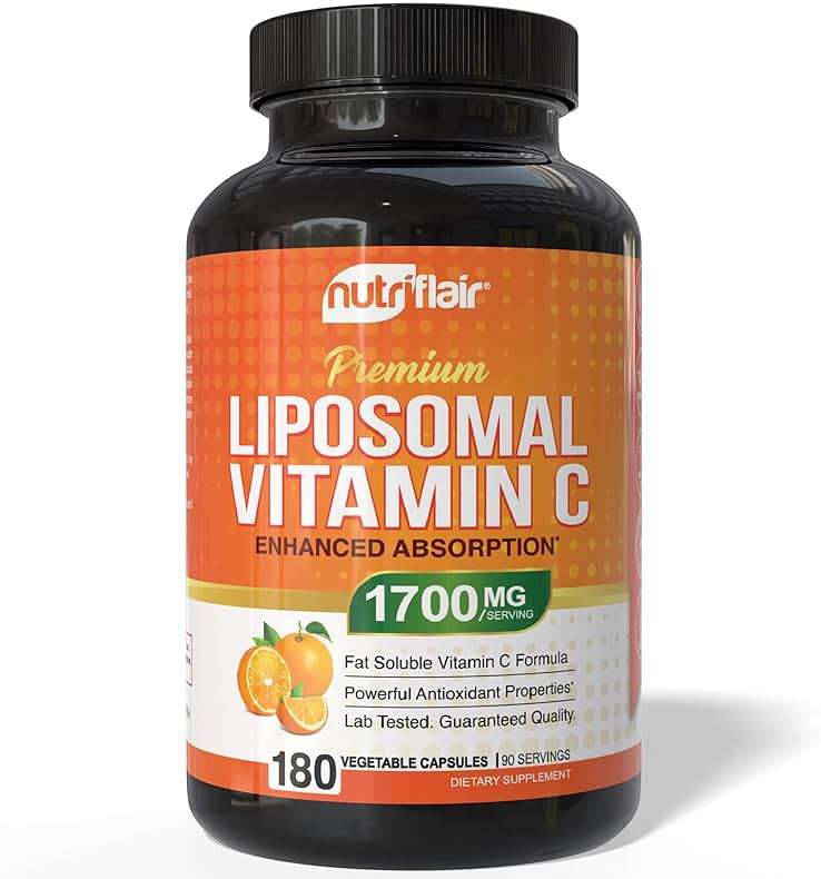 NutriFlair Liposomal Vitamin C 1700mg, 180 Capsules - High Absorption, Fat Soluble VIT C, Higher Bioavailability Immune System Support & Collagen Booster, Non-GMO, Vegan Pills - Image 1
