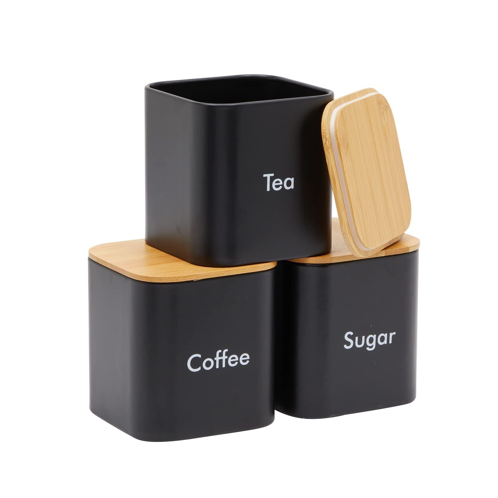 Juvale Coffee Tea Sugar Container Set - Black Iron Square, 3 Pack, 48 oz Each - Coffee Bean Storage & Sugar Storage - Countertop Kitchen Canisters with Tight Seal Lids - Product Image