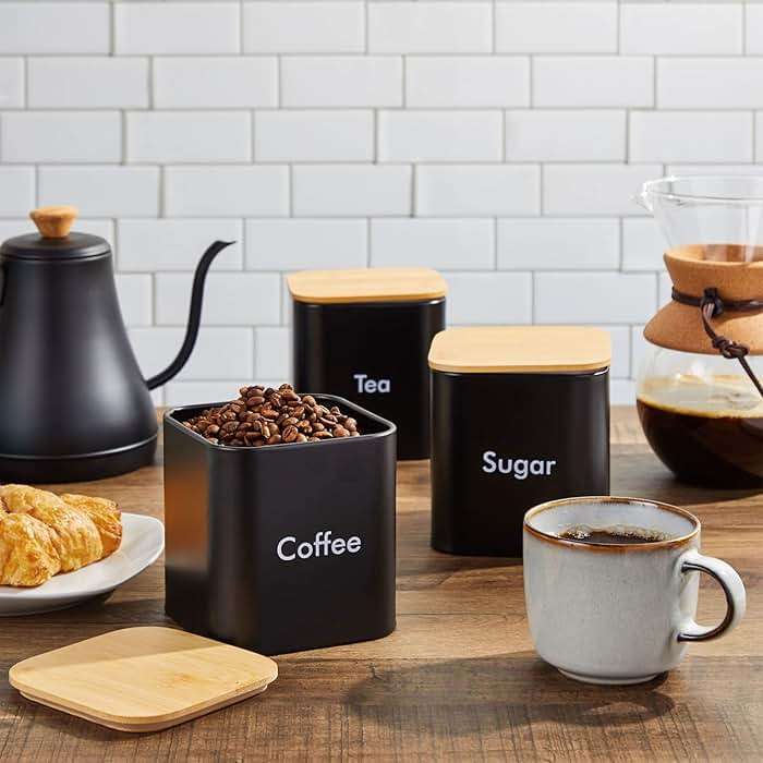 Juvale Coffee Tea Sugar Container Set - Black Iron Square, 3 Pack, 48 oz Each - Coffee Bean Storage & Sugar Storage - Countertop Kitchen Canisters with Tight Seal Lids - Image 2