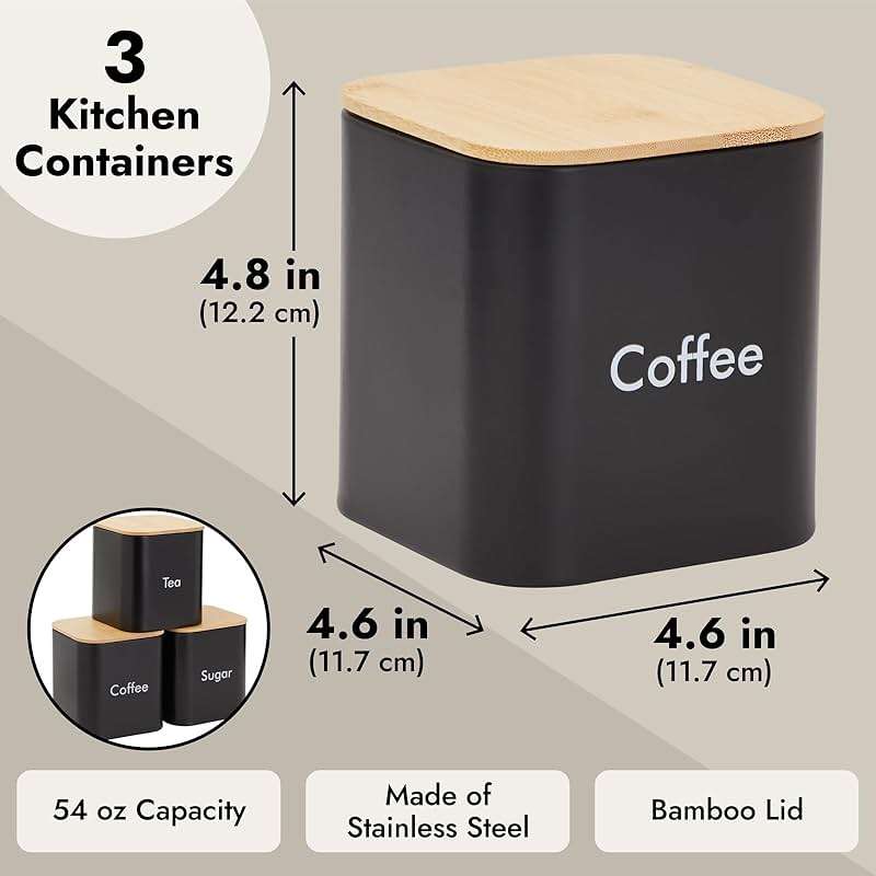 Juvale Coffee Tea Sugar Container Set - Black Iron Square, 3 Pack, 48 oz Each - Coffee Bean Storage & Sugar Storage - Countertop Kitchen Canisters with Tight Seal Lids - Image 3