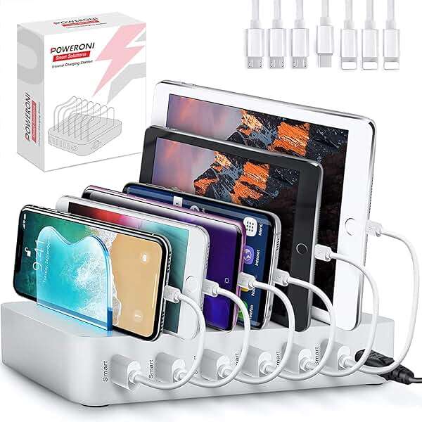 USB Charging Dock - 6-Port Universal Charging Station for Multiple Devices - Multi Device Charger Station - Compatible with Apple, iPad, iPhone, and Android Cell Phones and Tablets - Image 1