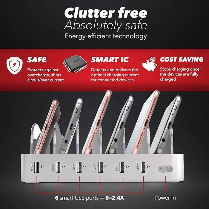 USB Charging Dock - 6-Port Universal Charging Station for Multiple Devices - Multi Device Charger Station - Compatible with Apple, iPad, iPhone, and Android Cell Phones and Tablets - Image 4