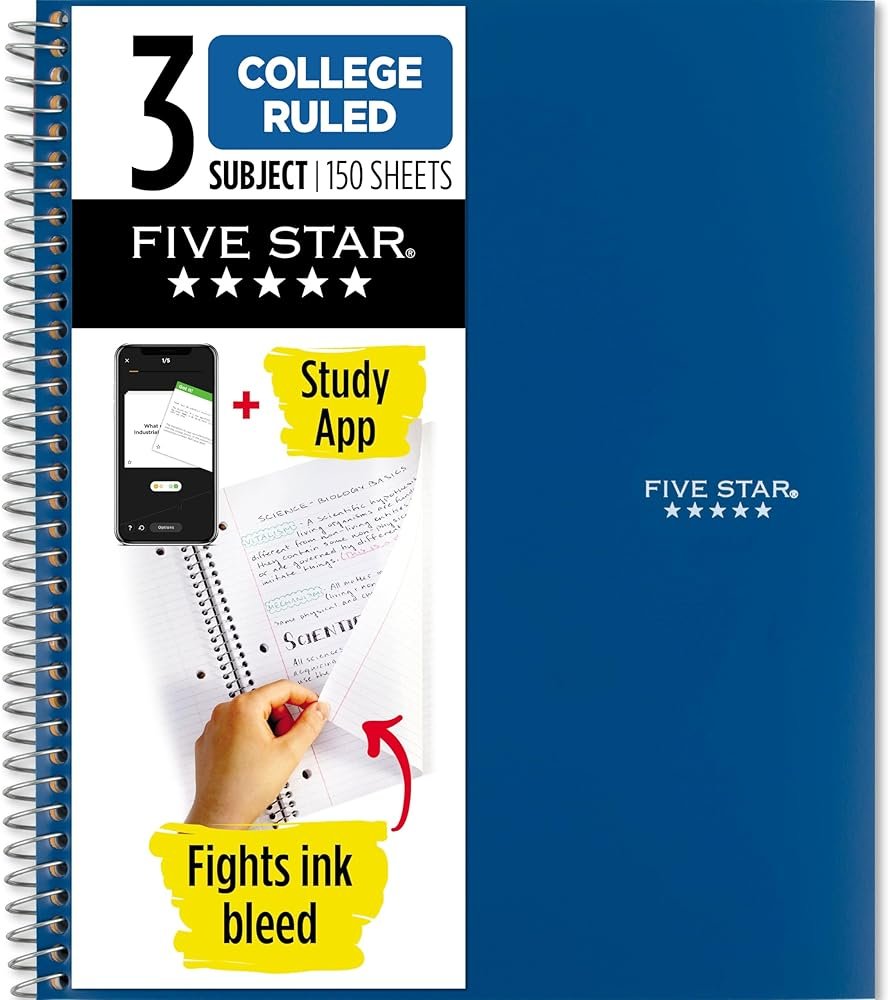 Five Star Spiral Notebook + Study App, 3 Subject, College Ruled Paper, 8-1/2" x 11", 150 Sheets, Fights Ink Bleed, Water Resistant Cover, Pacific Blue (73623) - Product Image