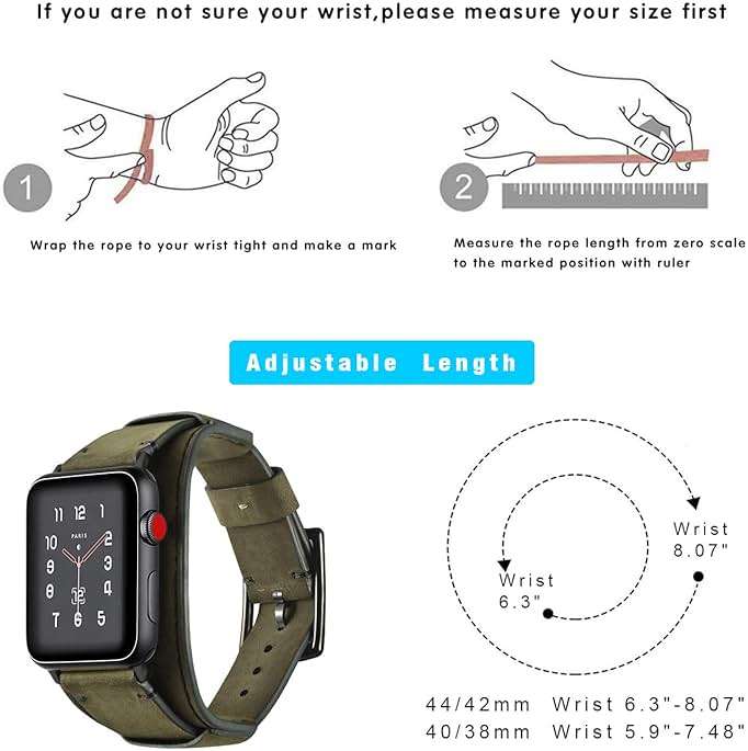 CooBES Compatible with Apple Watch Band 49/46/45/44mm/42mm(Series 3 2 1),Genuine Leather Bracelet Wristband Crazy Horse Cuff Strap Compatible iWatch Ultra/Ultra2 Series 10/9/8/7/6/5/4/3/2/1 (Green) - Image 7