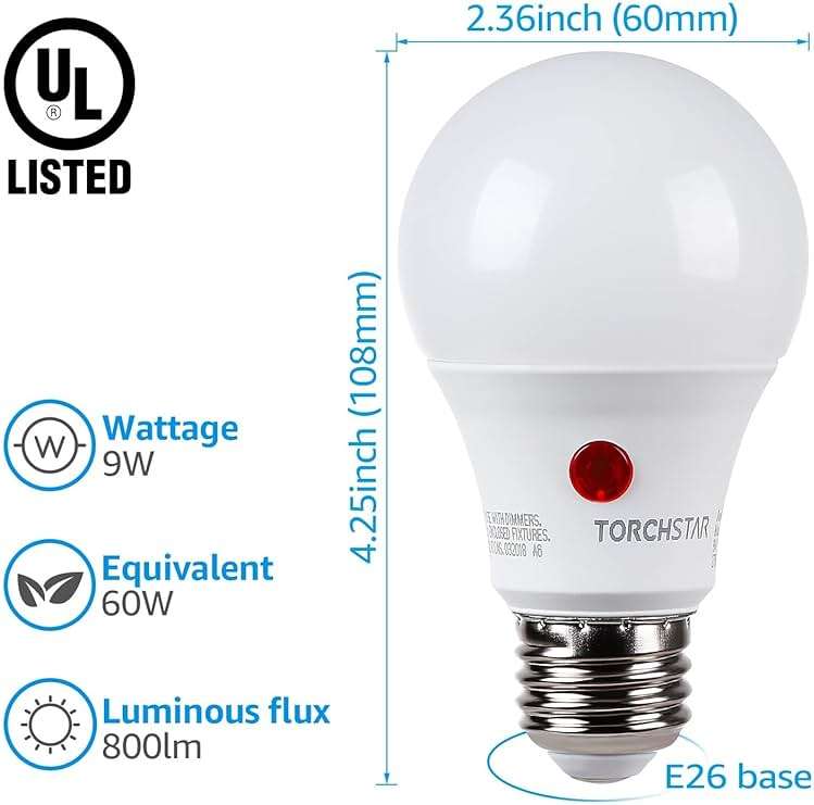 TORCHSTAR Dusk to Dawn Light Bulbs Outdoor, Sensor A19 LED Light Bulb, Auto on/Off Photocell Automatic for Outdoor Lighting, UL FCC DOE, 5000K, Pack of 4 - Image 5