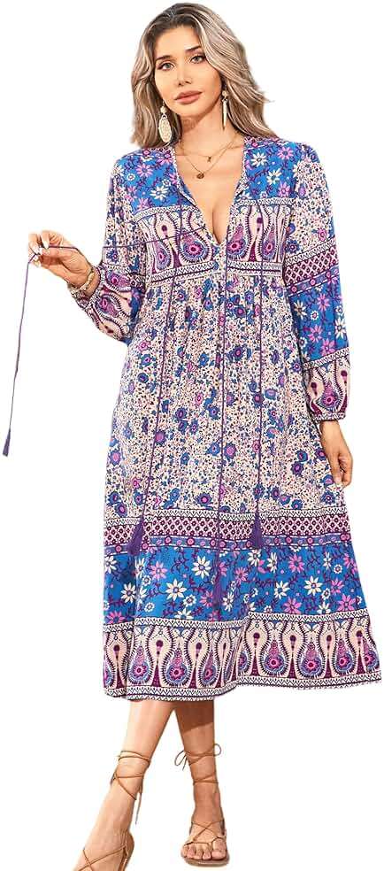 R.Vivimos Women's Long Sleeve Floral Print Retro V Neck Tassel Bohemian Midi Dresses - Image 1
