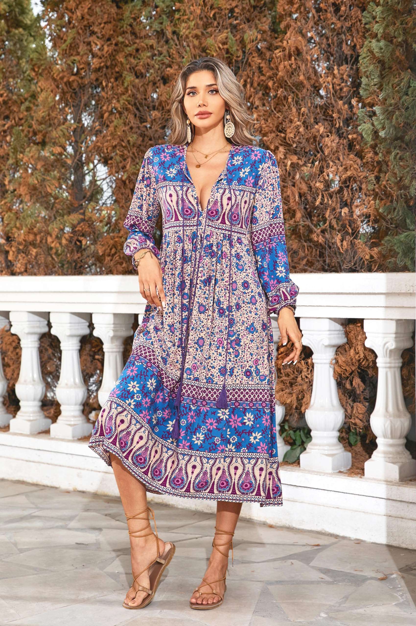 R.Vivimos Women's Long Sleeve Floral Print Retro V Neck Tassel Bohemian Midi Dresses - Image 2