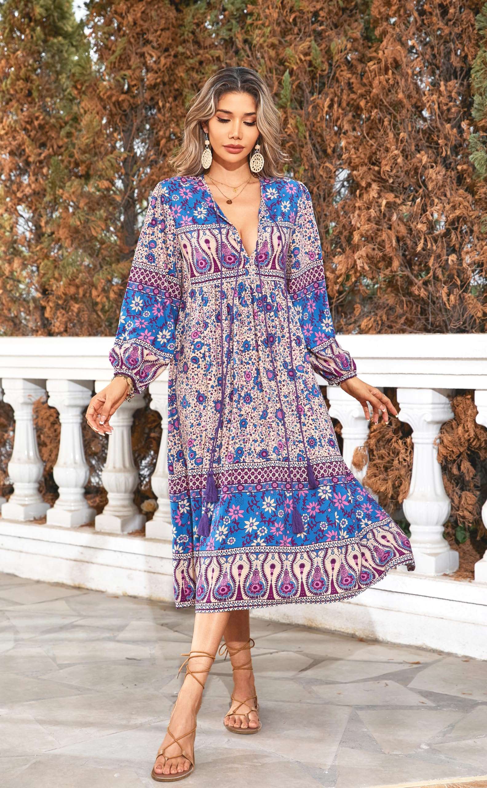 R.Vivimos Women's Long Sleeve Floral Print Retro V Neck Tassel Bohemian Midi Dresses - Image 5