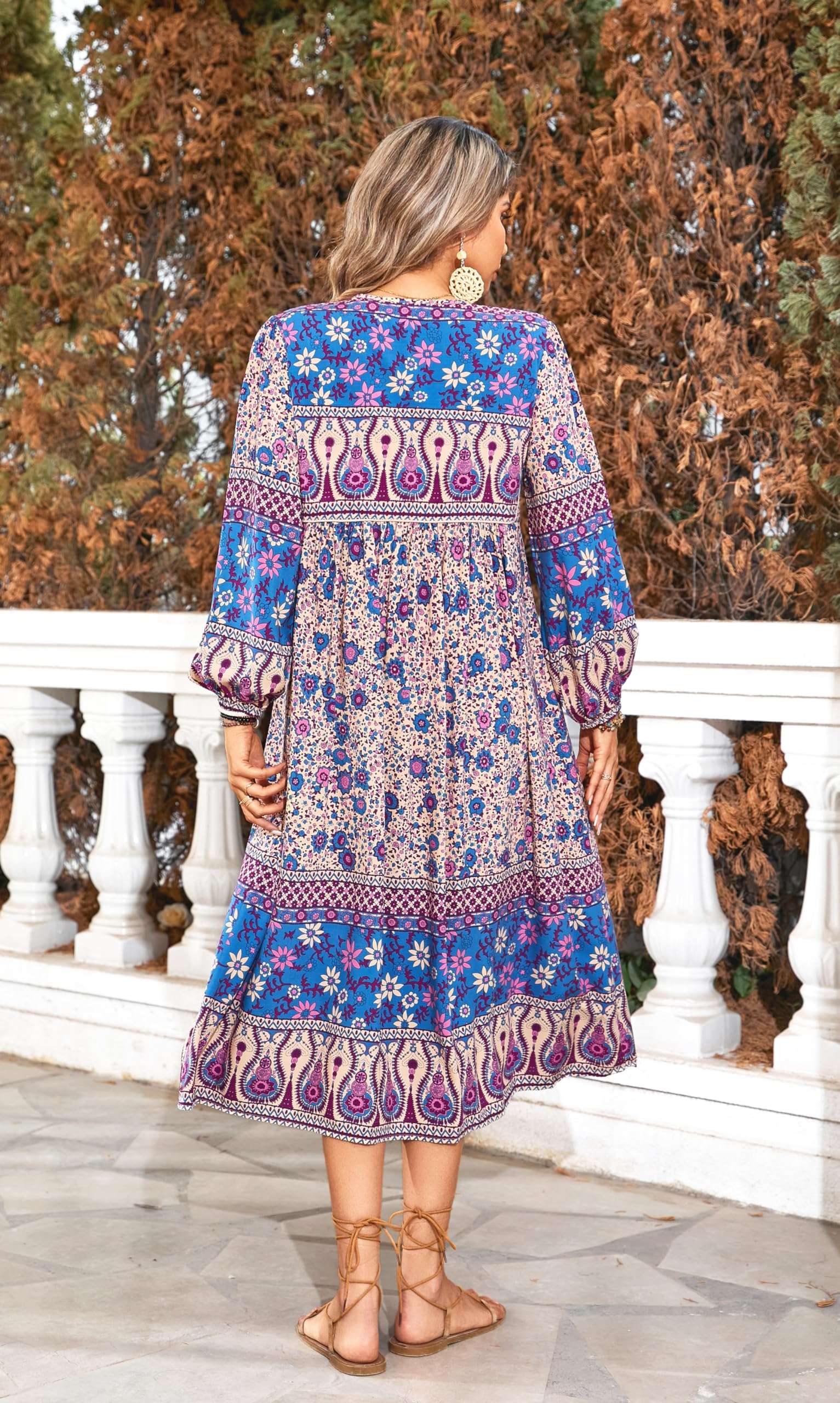 R.Vivimos Women's Long Sleeve Floral Print Retro V Neck Tassel Bohemian Midi Dresses - Image 6