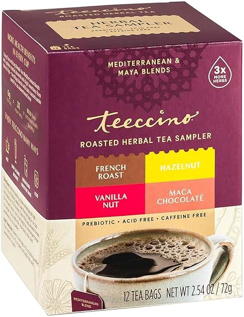 Teeccino Herbal Tea Sampler Assortment - 12 Tea Bags - Maca Chocolaté, French Roast, Hazelnut, Vanilla Nut - Roasted Caffeine Free Herbal Tea, Prebiotic for Natural Energy - Product Image