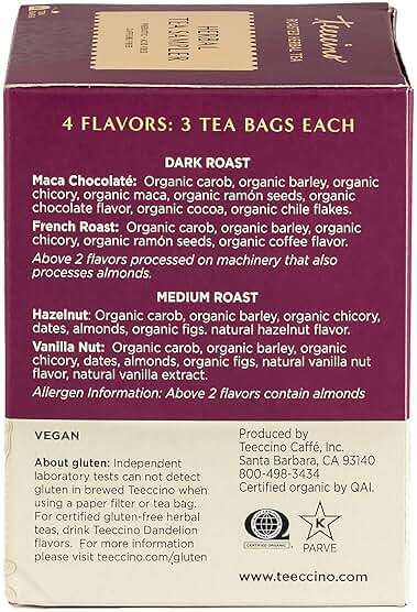 Teeccino Herbal Tea Sampler Assortment - 12 Tea Bags - Maca Chocolaté, French Roast, Hazelnut, Vanilla Nut - Roasted Caffeine Free Herbal Tea, Prebiotic for Natural Energy - Image 2