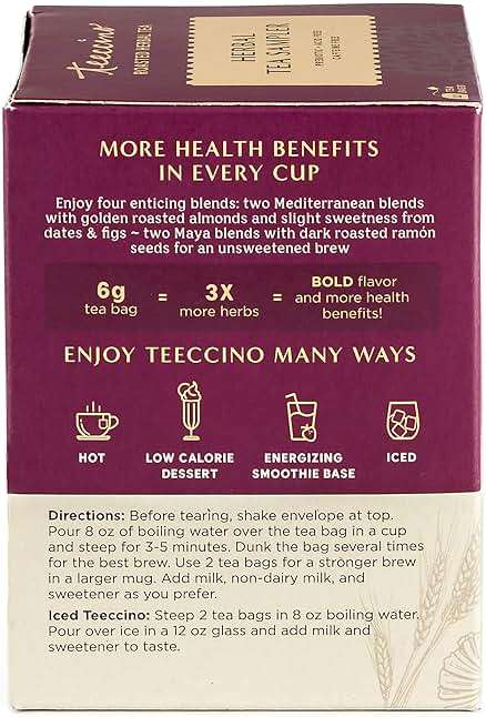Teeccino Herbal Tea Sampler Assortment - 12 Tea Bags - Maca Chocolaté, French Roast, Hazelnut, Vanilla Nut - Roasted Caffeine Free Herbal Tea, Prebiotic for Natural Energy - Image 4