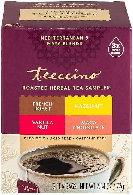 Teeccino Herbal Tea Sampler Assortment - 12 Tea Bags - Maca Chocolaté, French Roast, Hazelnut, Vanilla Nut - Roasted Caffeine Free Herbal Tea, Prebiotic for Natural Energy - Image 5