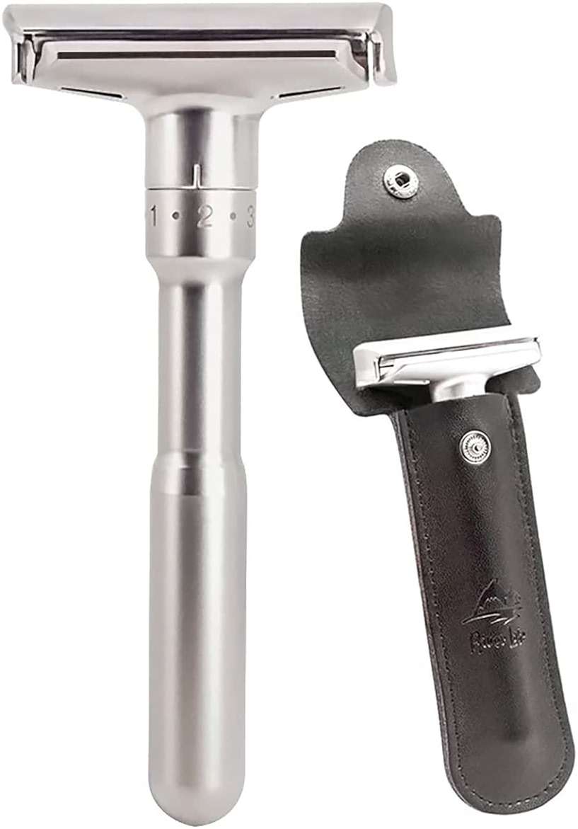 Travel Double Edge Safety Razor, River Lake RZ700 Long Handle Adjustable Classic Safety Shaver Razor (Razor with Protective Case,Black) - Image 1