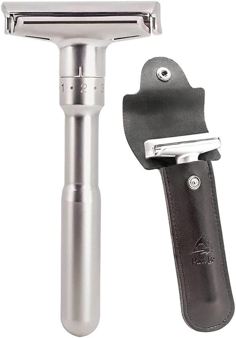 Travel Double Edge Safety Razor, River Lake RZ700 Long Handle Adjustable Classic Safety Shaver Razor (Razor with Protective Case,Black) - Product Image