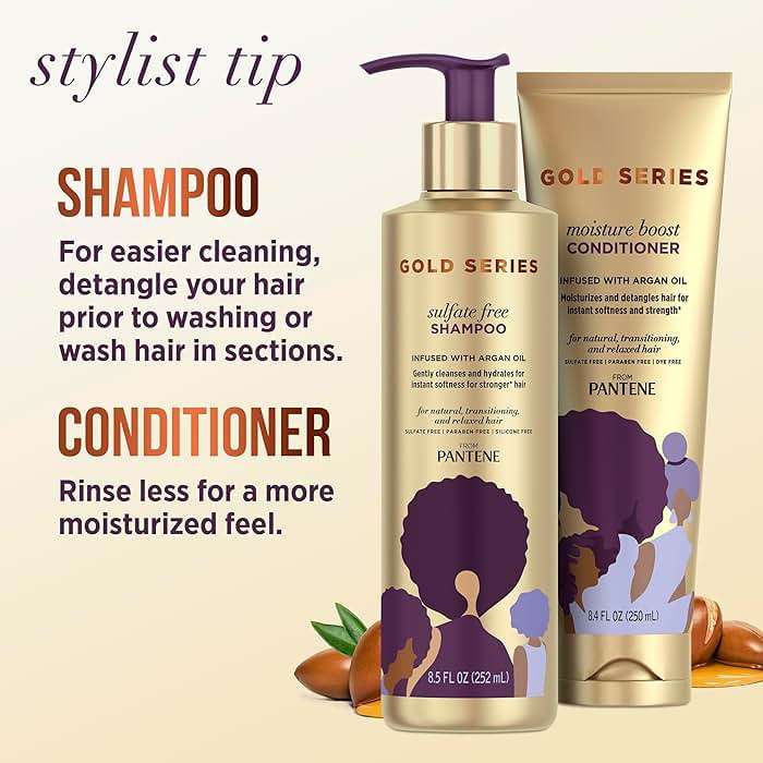 Pantene Shampoo and Sulfate Free Conditioner Kit, with Argan Oil, Pro-V Gold Series, for Natural and Curly Textured Hair, 16.9 fl oz, Kit - Image 5