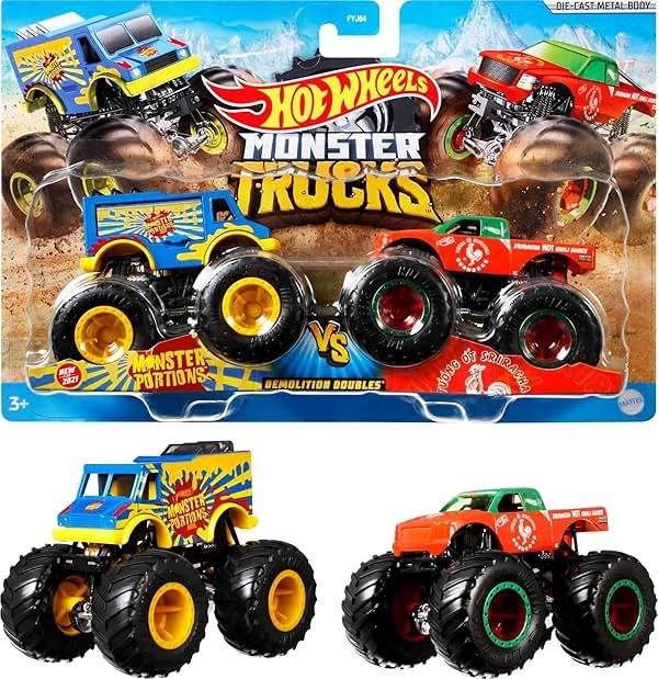 Hot Wheels Monster Trucks 2-Pack, Demolition Doubles Set of 2 Toy Vehicles in 1:64 Scale, for Kids & Collectors (Styles May Vary) - Product Image