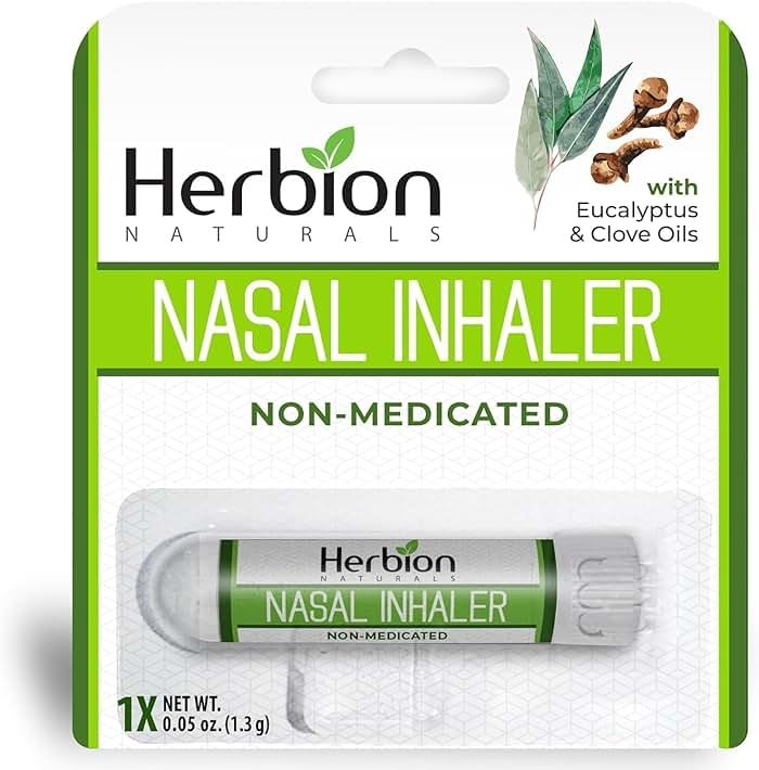 HERBION Naturals Nasal Inhaler Non-Medicated, Relieves Nasal Congestion & Blockage, Sinusitis Conditions, Menthol, Clove Oil, Eucalyptus Oil & Camphor, 0.05 Fl Oz (1.5ml) - Product Image