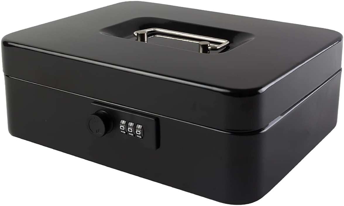 KYODOLED Large Cash Box with Combination Lock Safe Metal Money Box with Money Tray for Security Lock Box 9.84"x 7.87"x 3.54" Black - Image 1