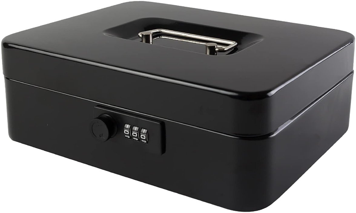 KYODOLED Large Cash Box with Combination Lock Safe Metal Money Box with Money Tray for Security Lock Box 9.84"x 7.87"x 3.54" Black - Product Image