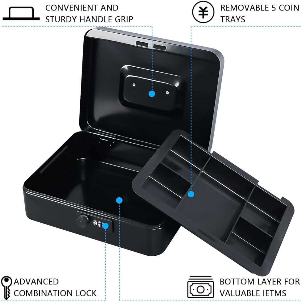 KYODOLED Large Cash Box with Combination Lock Safe Metal Money Box with Money Tray for Security Lock Box 9.84"x 7.87"x 3.54" Black - Image 4