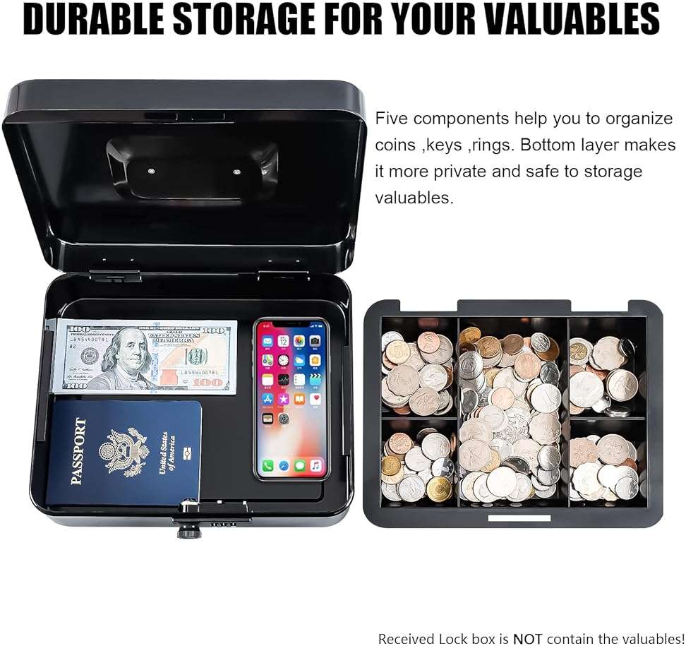 KYODOLED Large Cash Box with Combination Lock Safe Metal Money Box with Money Tray for Security Lock Box 9.84"x 7.87"x 3.54" Black - Image 5