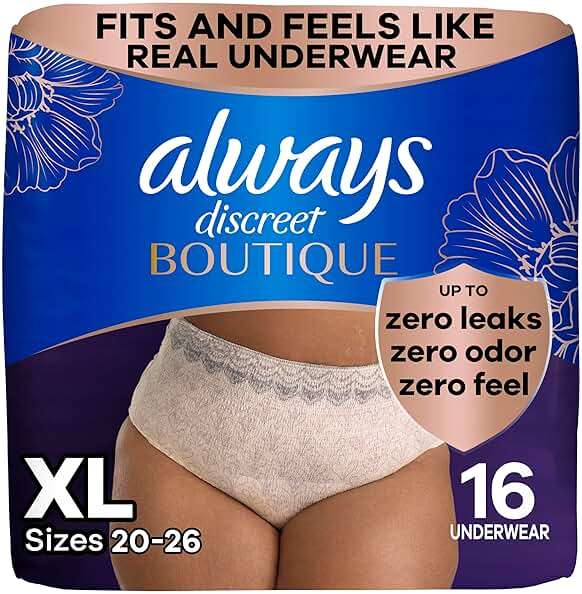 Always Discreet Boutique Black, Reimagined Adult Diapers for Women, Maximum Absorbency Incontinence and Postpartum Underwear Size XL/XXL, Fits and Feels Like Real Underwear, 16 Count - Image 1