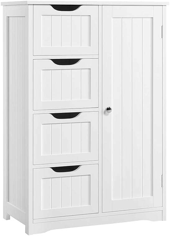 Yaheetech Wooden Floor Cabinet, Side Storage Organizer with 4 Drawers and 1 Cupboard, Freestanding Entryway Storage Unit Console Table, Bathroom Furniture Home Decor, White - Image 1
