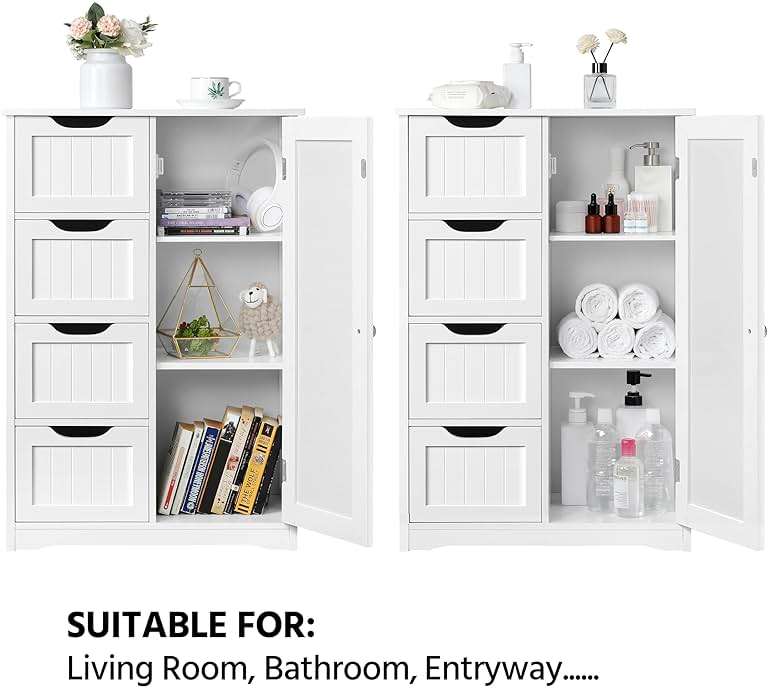 Yaheetech Wooden Floor Cabinet, Side Storage Organizer with 4 Drawers and 1 Cupboard, Freestanding Entryway Storage Unit Console Table, Bathroom Furniture Home Decor, White - Image 5