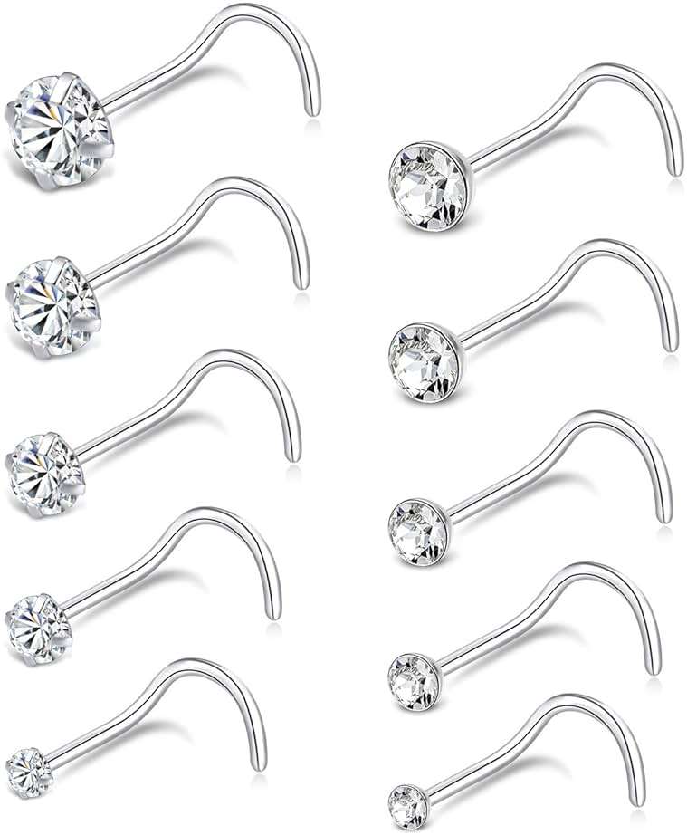 Tornito 20G 10Pcs Stainless Steel L Screw Bone Shaped Nose Studs Rings Square Round CZ Nose Ring Labret Nose Piercing Jewelry for Men Women Silver Tone 1.5mm-2mm-2.5mm-3mm-3.5mm CZ - Image 1