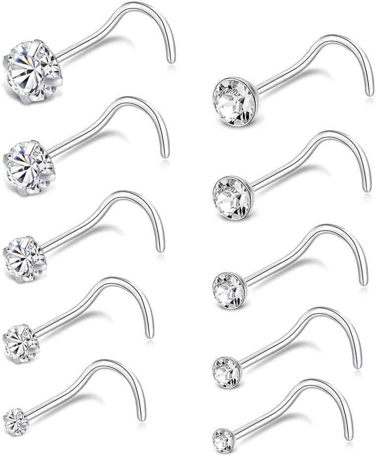 Tornito 20G 10Pcs Stainless Steel L Screw Bone Shaped Nose Studs Rings Square Round CZ Nose Ring Labret Nose Piercing Jewelry for Men Women Silver Tone 1.5mm-2mm-2.5mm-3mm-3.5mm CZ - Product Image