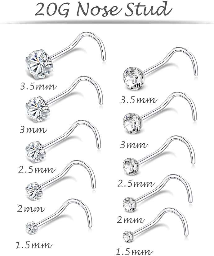 Tornito 20G 10Pcs Stainless Steel L Screw Bone Shaped Nose Studs Rings Square Round CZ Nose Ring Labret Nose Piercing Jewelry for Men Women Silver Tone 1.5mm-2mm-2.5mm-3mm-3.5mm CZ - Image 3