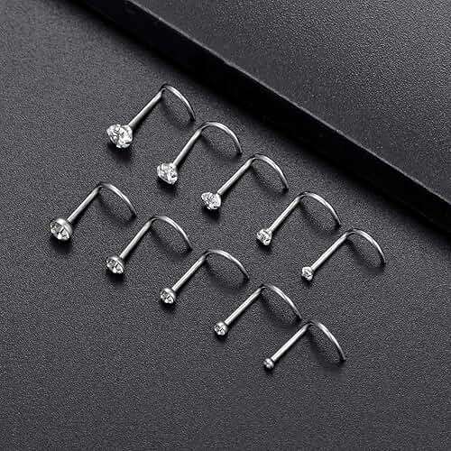Tornito 20G 10Pcs Stainless Steel L Screw Bone Shaped Nose Studs Rings Square Round CZ Nose Ring Labret Nose Piercing Jewelry for Men Women Silver Tone 1.5mm-2mm-2.5mm-3mm-3.5mm CZ - Image 4
