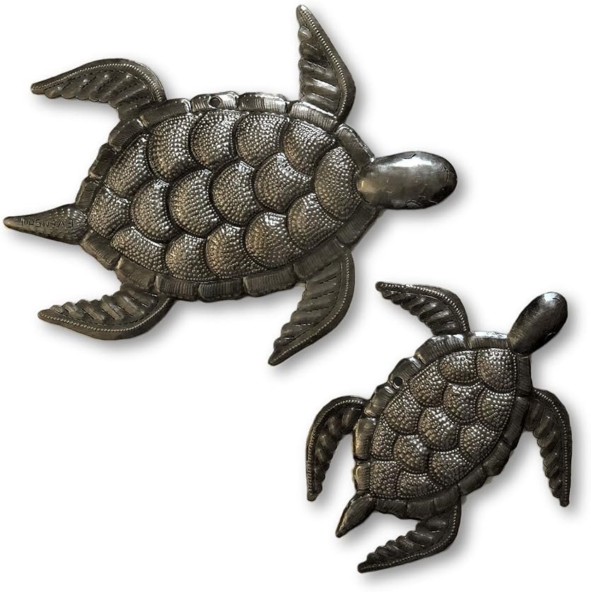 Sea Turtle Decor, Nautical Metal Sea Life Home Decor Indoor and Outdoor, Handmade in Haiti 7.5 In. and 10 In. - Product Image