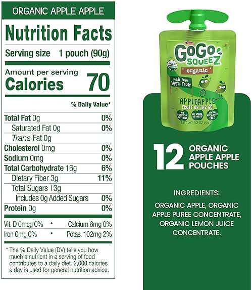 GoGo squeeZ No Sugar Added Organic Applesauce and Fruit Puree, Apple Apple, 3.2 oz Pouches (Pack of 12), Fruit Snacks for Kids, Gluten Free, Nut Free, Recloseable Cap, BPA Free - Image 2