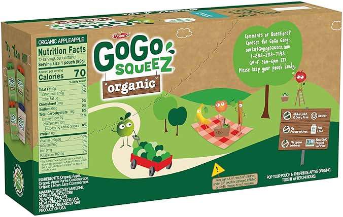 GoGo squeeZ No Sugar Added Organic Applesauce and Fruit Puree, Apple Apple, 3.2 oz Pouches (Pack of 12), Fruit Snacks for Kids, Gluten Free, Nut Free, Recloseable Cap, BPA Free - Image 4