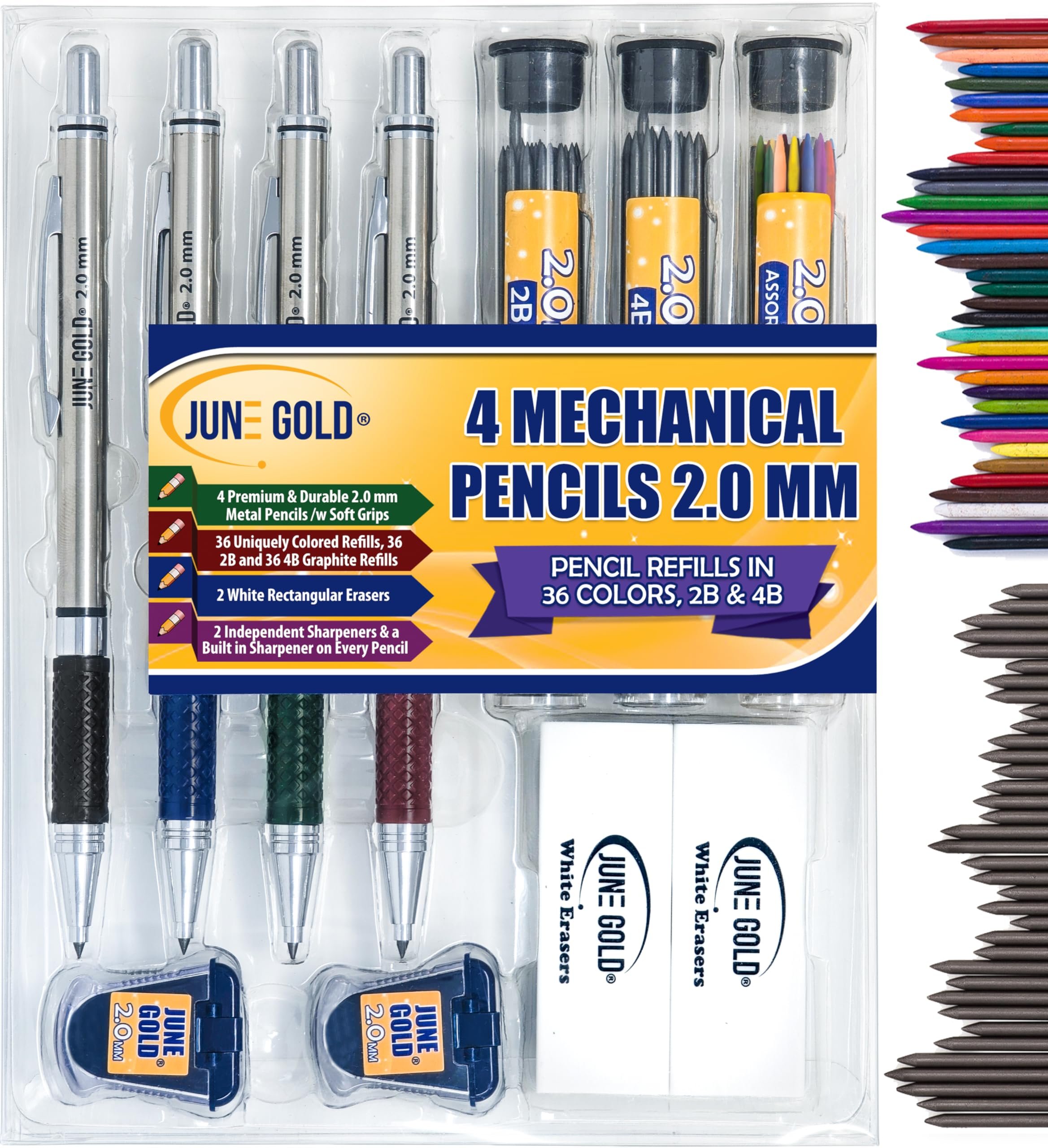 June Gold 4 Pro 2.0 mm Mechanical Pencils, 36 Colored, 36 2B, and 36 4B Refills, 2 Sharpeners, 2 Smudge Resistant Erasers, Built in Sharpeners & Soft Non-Slip Grip on Each Pencil - Product Image