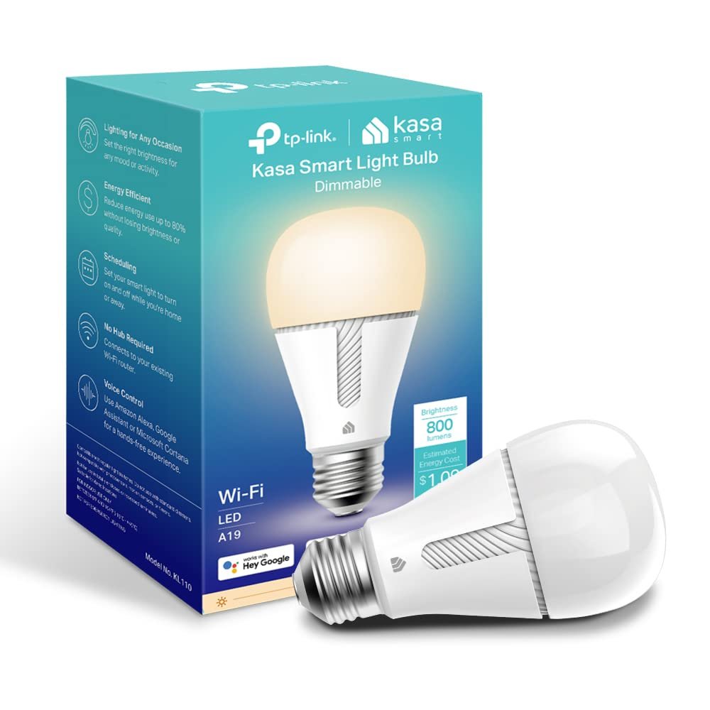 Kasa Smart Light Bulb KL110, LED Wi-Fi smart bulb works with Alexa and Google Home, A19 Dimmable, 2.4Ghz, No Hub Required, 800LM Soft White (2700K), 9W (60W Equivalent) - Product Image