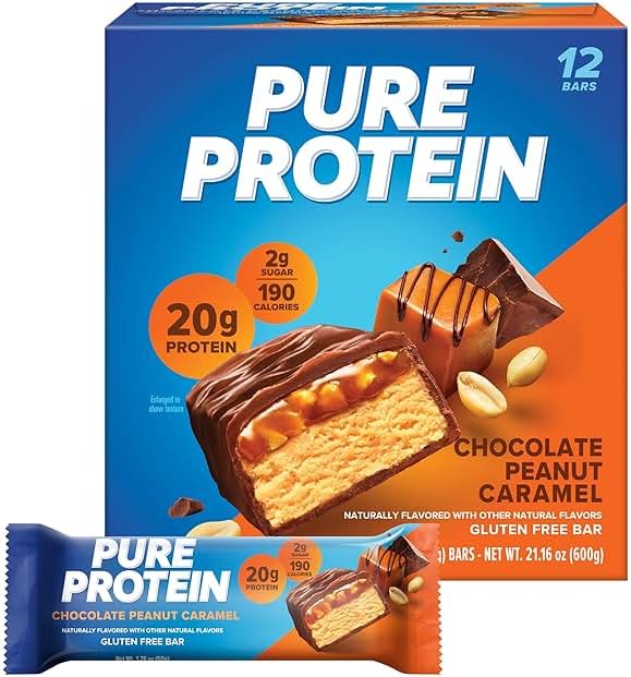 Pure Protein Chocolate Peanut Caramel Protein Bars – 20g Protein, 3g Sugar, 190 Calories (12 count) Low Sugar* High Protein Snack - Gluten Free - Perfect for a Healthy Snack - Product Image