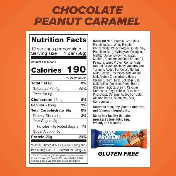 Pure Protein Chocolate Peanut Caramel Protein Bars – 20g Protein, 3g Sugar, 190 Calories (12 count) Low Sugar* High Protein Snack - Gluten Free - Perfect for a Healthy Snack - Image 3
