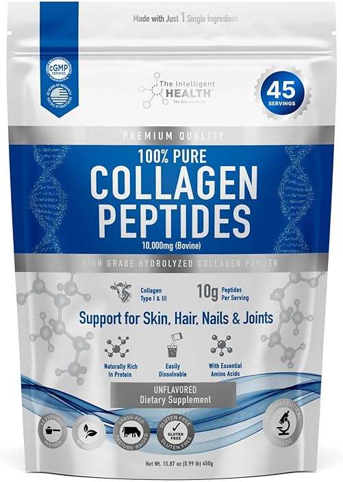 The Intelligent Health Collagen Peptides Powder, 45 Servings, Hydrolyzed Collagen, Type I & III, Grass Fed, Unflavored, Gluten Free, Keto/Paleo, 10g Servings, 15.9 Oz, Skin Support, Hair, Nail, Joints - Image 1