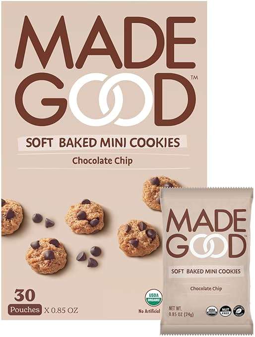 MadeGood Soft Baked Chocolate Chip Mini Cookies, Gluten Free & Safe For School Snacks, 30 Count - Image 1