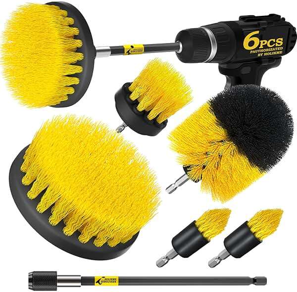 Holikme 6Pack Drill Brush Power Scrubber Cleaning Brush Extended Long Attachment Set All Purpose Drill Scrub Brushes Kit for Grout, Floor, Tub, Bathroom and Kitchen Surface,Scratch Brushes(Yellow) - Image 1