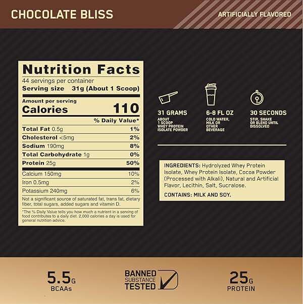 Optimum Nutrition Gold Standard 100% Isolate, Protein Powder, Chocolate Bliss, 3 Pounds, 44 Servings. Whey Protein Isolate (Packaging May Vary) - Image 3