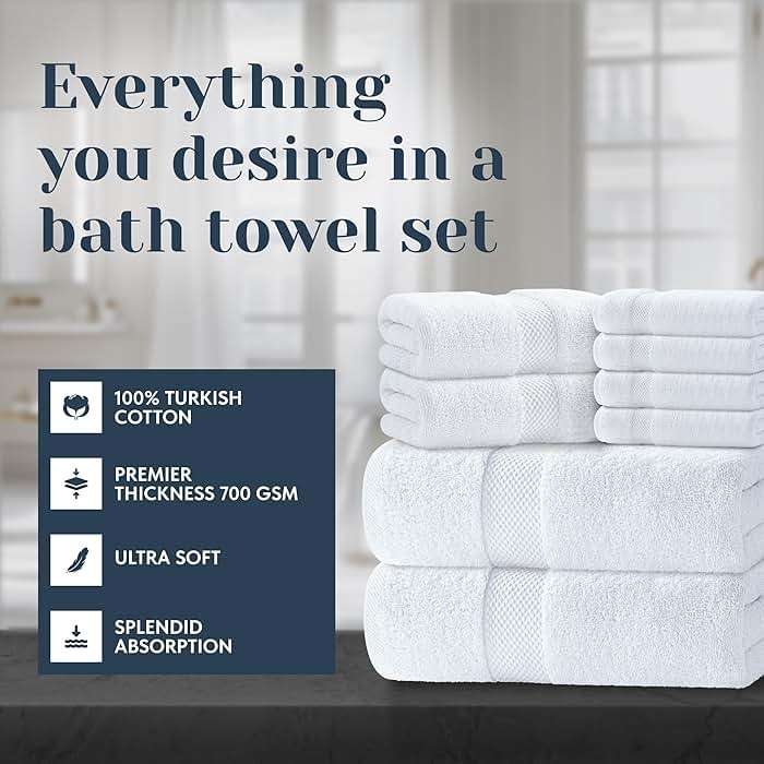 Luxury White Bath Towel Set of 8 Pieces - 100% Turkish Cotton 700 GSM Highly Absorbent Towels for Bathroom, 2 Bath Towels, 2 Hand Towels, 4 Washcloths - Image 2