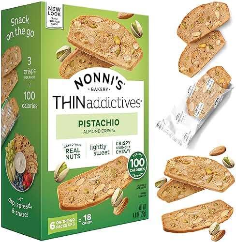 Nonni's THINaddictives Almond Thin Cookies, Pistachio Almond Biscotti, Sweet Crunchy & Chewy, Individually Wrapped, Kosher Snack, Perfect with Coffee, 4.4 oz (6 pack of 3 crisps each) - Image 1