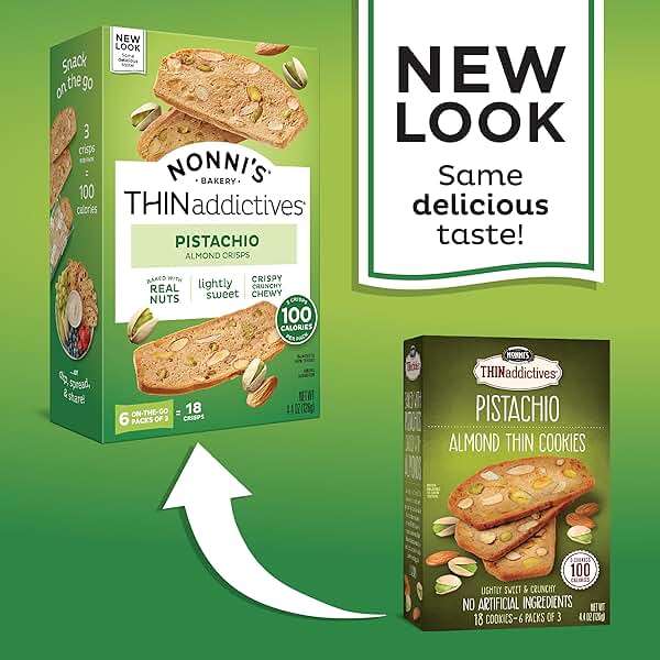 Nonni's THINaddictives Almond Thin Cookies, Pistachio Almond Biscotti, Sweet Crunchy & Chewy, Individually Wrapped, Kosher Snack, Perfect with Coffee, 4.4 oz (6 pack of 3 crisps each) - Image 3