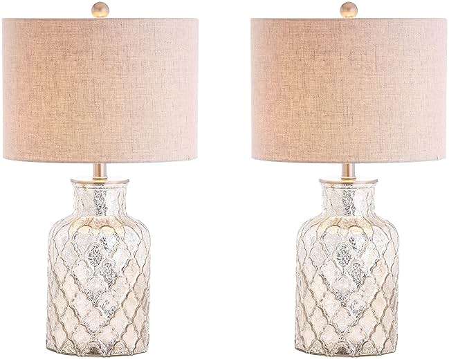 JONATHAN Y 24.5" Alvord Mercury Silver Quatrefoil Glass Table Lamp Set of 2, Contemporary Nightstand Lamps with Grey Linen Drum Shade, UL Listed, LED Bulbs Included JYL1075A-SET2 - Image 1